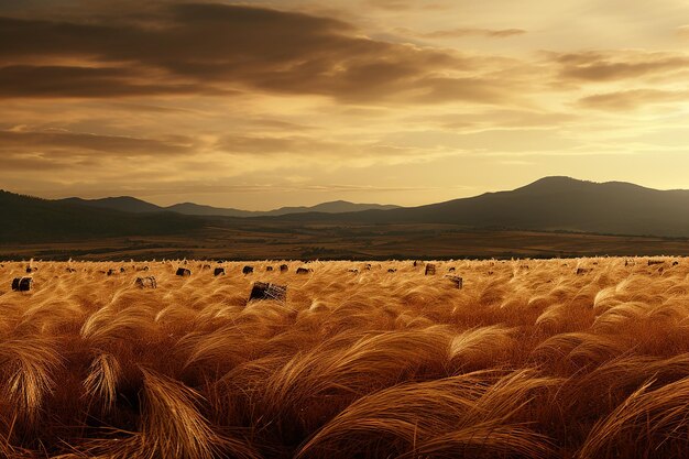 Peaceful wildflower meadow landscape under the evening sun golden hour background wallpaper