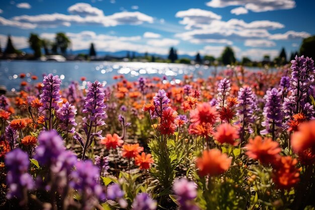 Peaceful wildflower meadow landscape under the evening sun golden hour background wallpaper