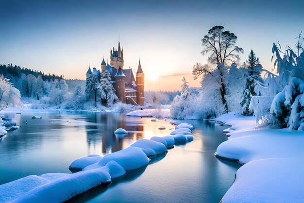 写真 凍った氷と美しい城の冬のワンダーランドのコンセプトを持つ穏やかな冬の風景