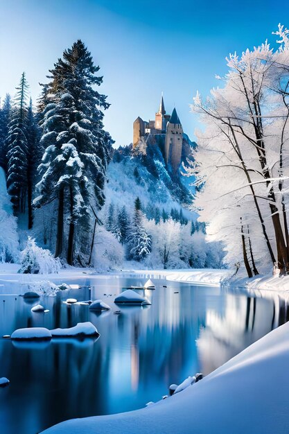 Peaceful winter landscape with frozen ice and a beautiful castle winter wonderland concept