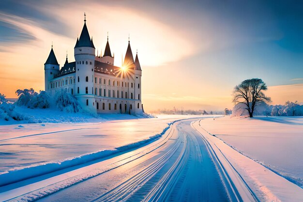 Peaceful winter landscape with frozen ice and a beautiful castle winter wonderland concept