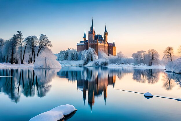 peaceful winter landscape with frozen ice and a beautiful castle winter wonderland concept