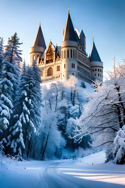 Foto tranquillo paesaggio invernale con ghiaccio ghiacciato e un bellissimo concetto di paese delle meraviglie invernale del castello