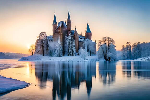 Peaceful winter landscape with frozen ice and a beautiful castle winter wonderland concept