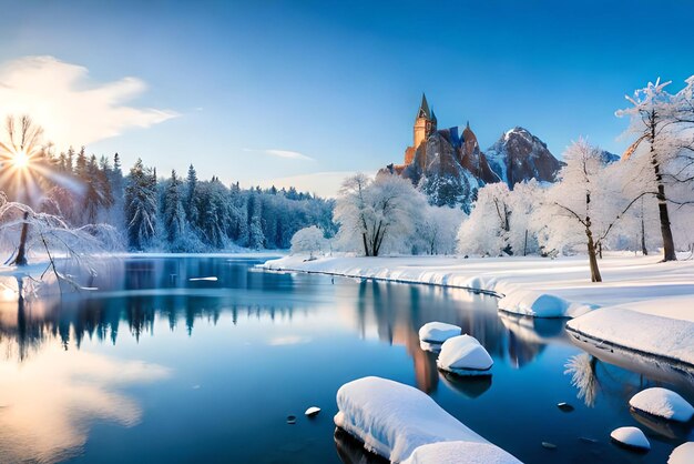 Foto tranquillo paesaggio invernale con ghiaccio ghiacciato e un bellissimo concetto di paese delle meraviglie invernale del castello