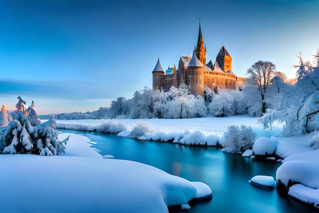 peaceful winter landscape with frozen ice and a beautiful castle winter wonderland concept