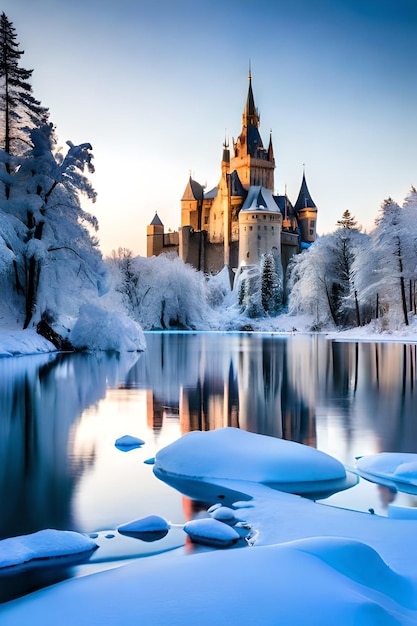 peaceful winter landscape with frozen ice and a beautiful castle winter wonderland concept