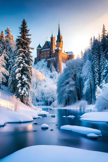 мирный зимний пейзаж с замерзшим льдом и красивая концепция зимней страны чудес замка