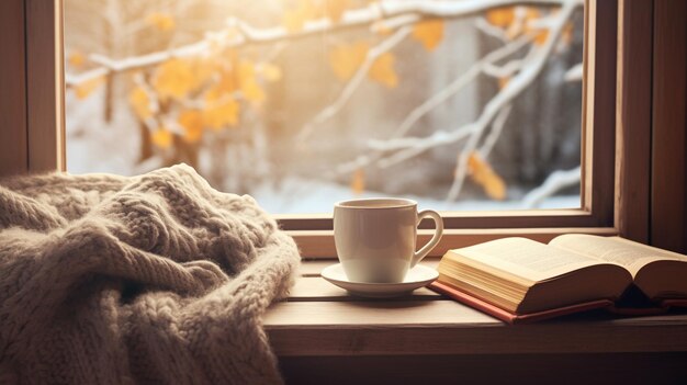 peaceful winter scene cup on the windowsill book and knitted blanket