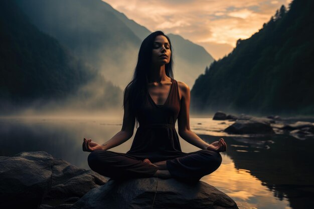 平和な女性は澄んだ水の中の岩の上に座って慰めを見つけます やかな瞑想とウェルネス AIが生み出した