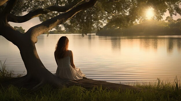 写真 湖のそばに座っている平和な女性