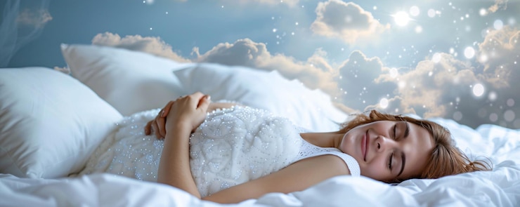 Photo peaceful woman sleeping in bed with a heavenly sky backdrop dreaming of paradise