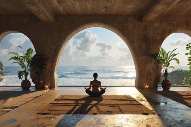 Foto un tranquillo ritiro di yoga vicino all'oceano.