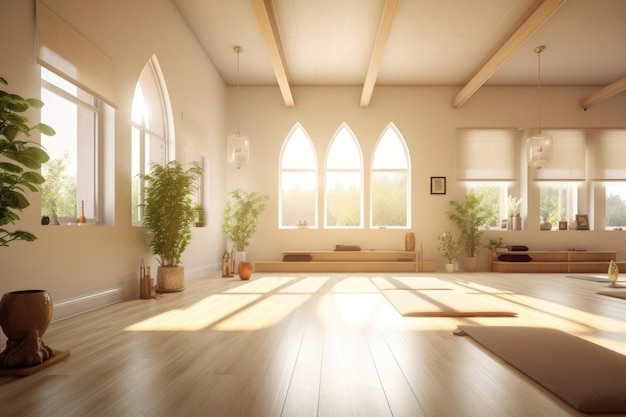 Premium Photo  Peaceful yoga studio interior with soft lighting created  with generative ai