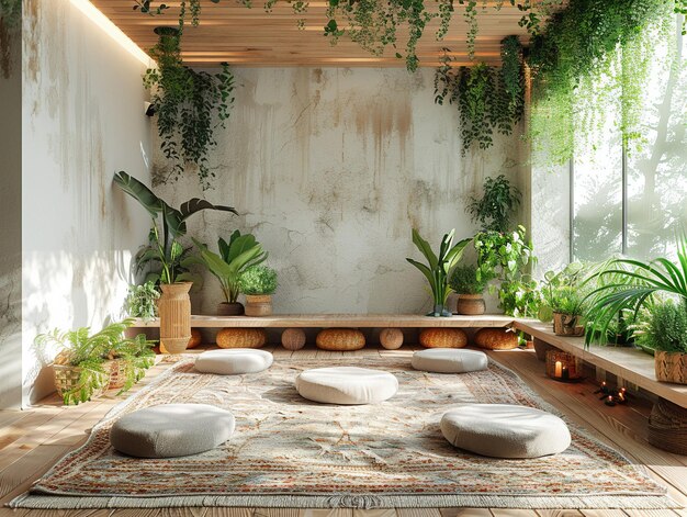 Photo peaceful yoga studio with natural wood floors and calming colorsk