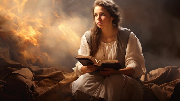 Peaceful young woman reading bible while looking towards the heavens for hope and guidance from God