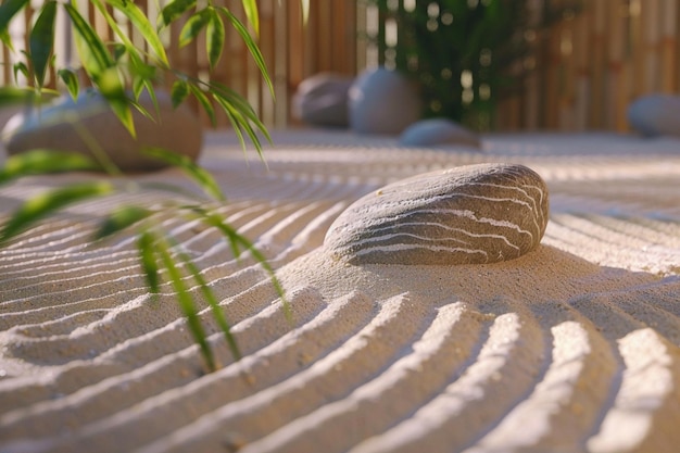 Peaceful Zen garden with raked sand and carefully