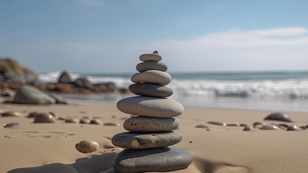 Спокойный момент дзен - куча сбалансированных камней на пляже для медитации и нахождения гармонии