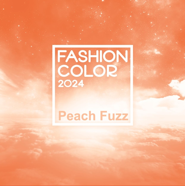 Peach background with clouds and label Fashion color of 2024 year Banner for article and design