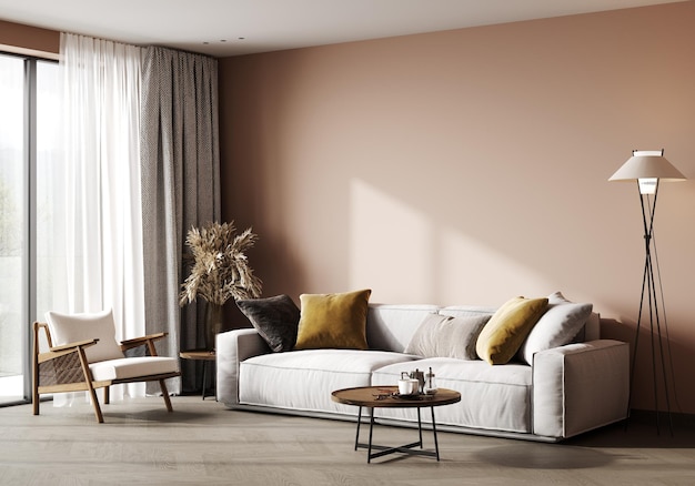 Peach beige interior with white sofa lounge chair and decor 3d render illustration mock up