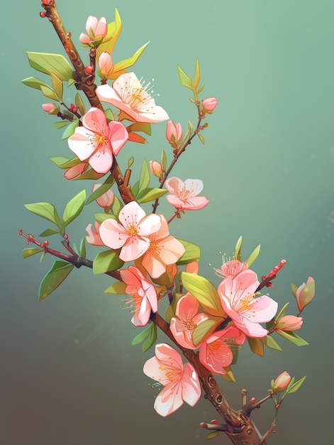 peach blossom with branches in green