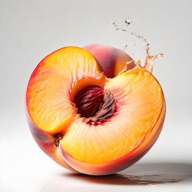 Peach bursting into pieces from it shows the pit on a white isolate background