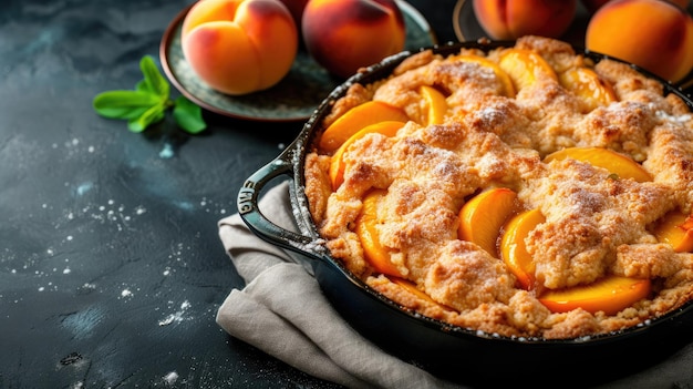 Peach cobbler in a skillet sprinkled with sugar