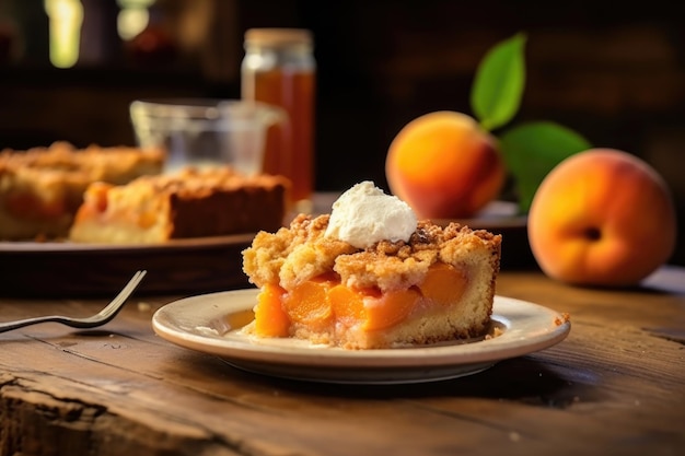 Peach cobbler slice on rustic wooden table created with generative ai