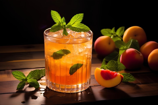 Peach Cocktail Garnished with Fresh Mint