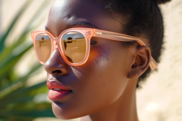 Peach color sunglasses on woman