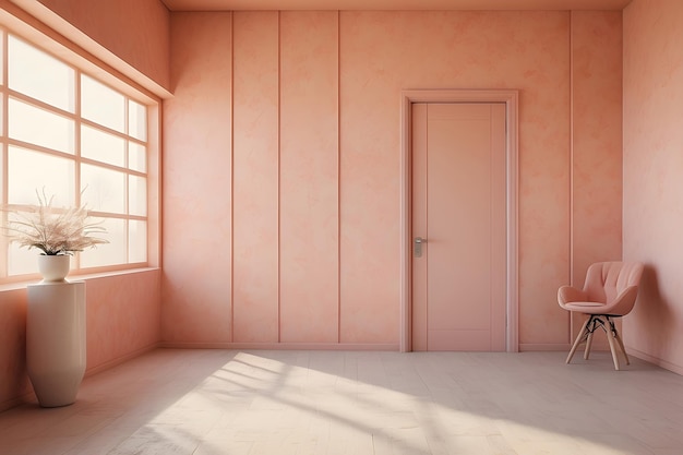 Peach fizz colored interior empty room with door lots of sunlight Minimalistic contemporary