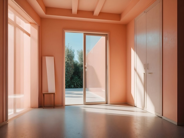 Peach fizz colored interior empty room with door lots of sunlight Minimalistic contemporary