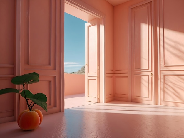 Peach fizz colored interior empty room with door lots of sunlight Minimalistic contemporary