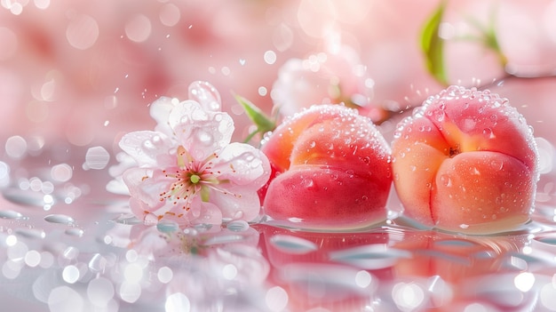 写真 白い背景に水滴がいている桃の果物と桜の花