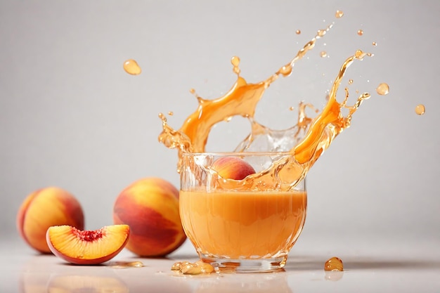 Peach fruit juice splashing from a glass on a white background