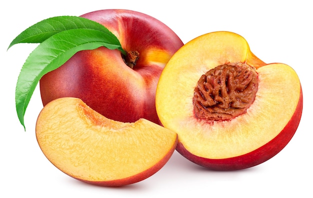 Peach fruit with mango leaf isolated on white background Peach clipping path Professional studio