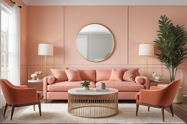 Peach fuzz 2024 color trend living room with circle table and lamp door frame on wall