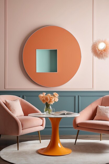Peach fuzz 2024 color trend living room with circle table and lamp door frame on wall