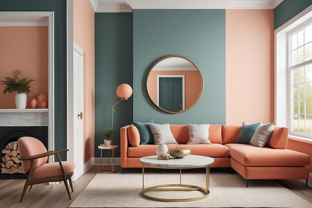 Peach fuzz 2024 color trend living room with circle table and lamp door frame on wall