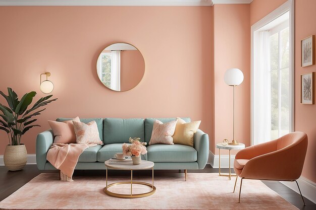 Peach fuzz 2024 color trend living room with circle table and lamp door frame on wall