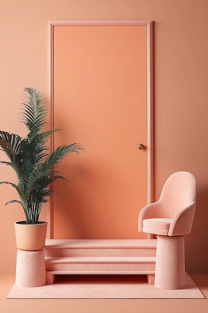 Peach fuzz 2024 color trend with art door and podium luxury apricot crush color wall background