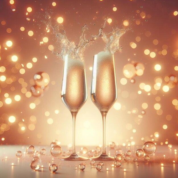 Peach fuzz Color 2024 Two champagne glasses on shiny bokeh lights background