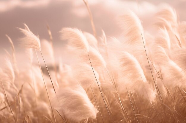 Peach Fuzz dry reeds fluffy grass on a meadow in the sun Abstract dry herbs background 2024 color