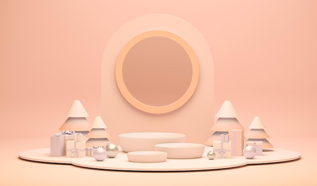 peach fuzz is a trend colour year 2024 minimal scene with pine trees gift stage podium