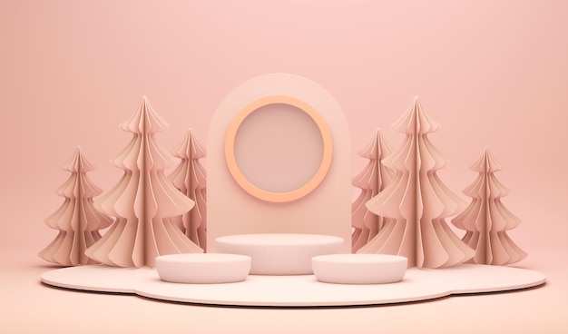 Foto peach fuzz è un colore di tendenza dell'anno 2024 scena minimale con alberi di pino podio regalo