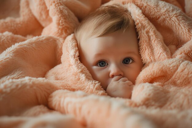 Foto peach fuzz kleur van het jaar 2024 pasgeboren peeking out of soft peachcolored blanket