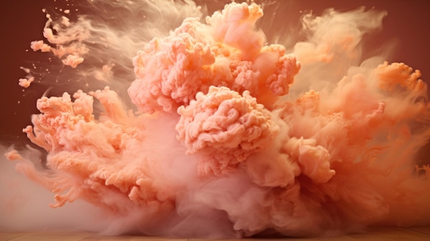 A peach fuzz pink cloud of powder is exploding on a wooden floor ai