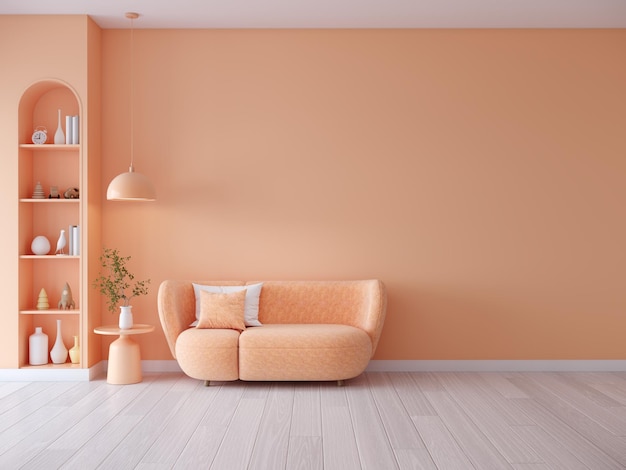 Peach fuzz room minimal interior livingroom peach sofa Mockup background 3d render