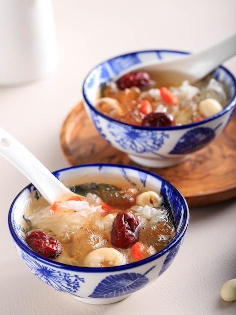 Peach gum triple collagen dessert (tao jiao), chinese traditional refreshment beverages contains peach gum, bird nest, red dates, snow fungus, goji berry, and rock sugar