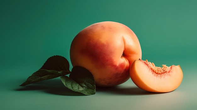 A peach and a half of a peach on a green background